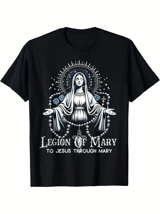 Legion Of Mary To Jesus Our Through Mary Lady Catholic T-Shirt Funny Men's Short Sleeve Graphic T-shirt Collection Black PR 220g