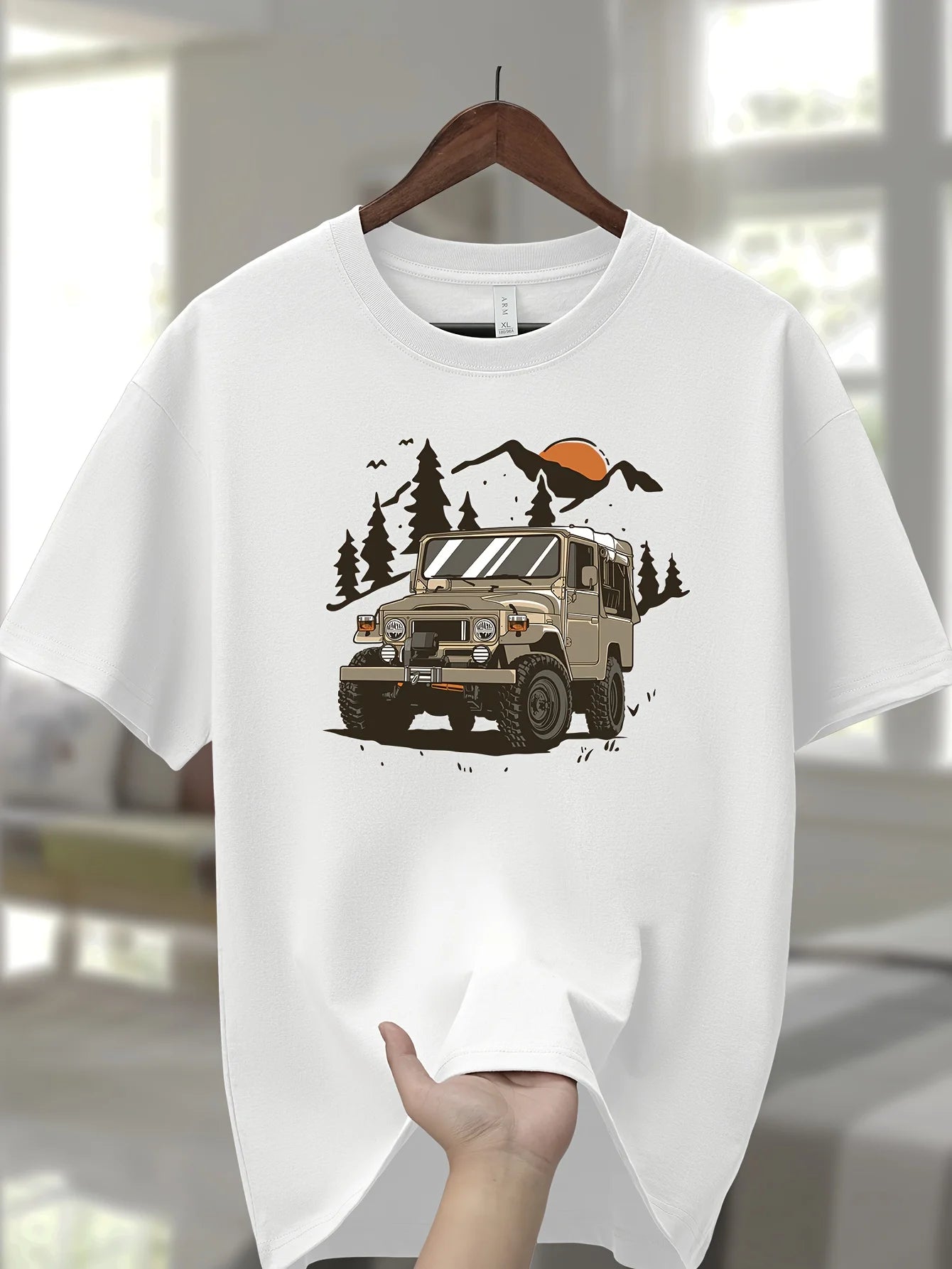 Men's 100% Cotton Graphic T-Shirt - Casual Sports Style Crew Neck Short Sleeve Tee with Cartoon Off-Road Vehicle