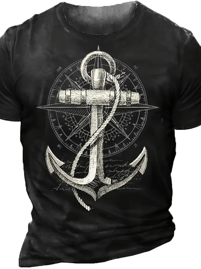 2024 Fashion Men'S Summer Casual Tees Tops Anchor Printed T Shirt Casual Male TShirt Compass Pattern T Shirts