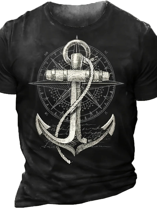 2024 Fashion Men'S Summer Casual Tees Tops Anchor Printed T Shirt Casual Male TShirt Compass Pattern T Shirts