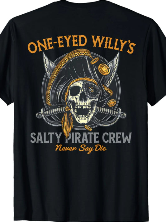 One Eyed Willy's Salty Pirate Crew Graphic Tee - Men's Casual Cotton T-Shirt with Skull & Crossbones Design, Black