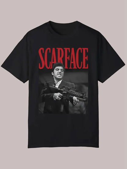 Men'S Casual Summer T-Shirt - Scarface Graphic Print, Crew Neck, Short Sleeve, Polyester, Regular Fit
