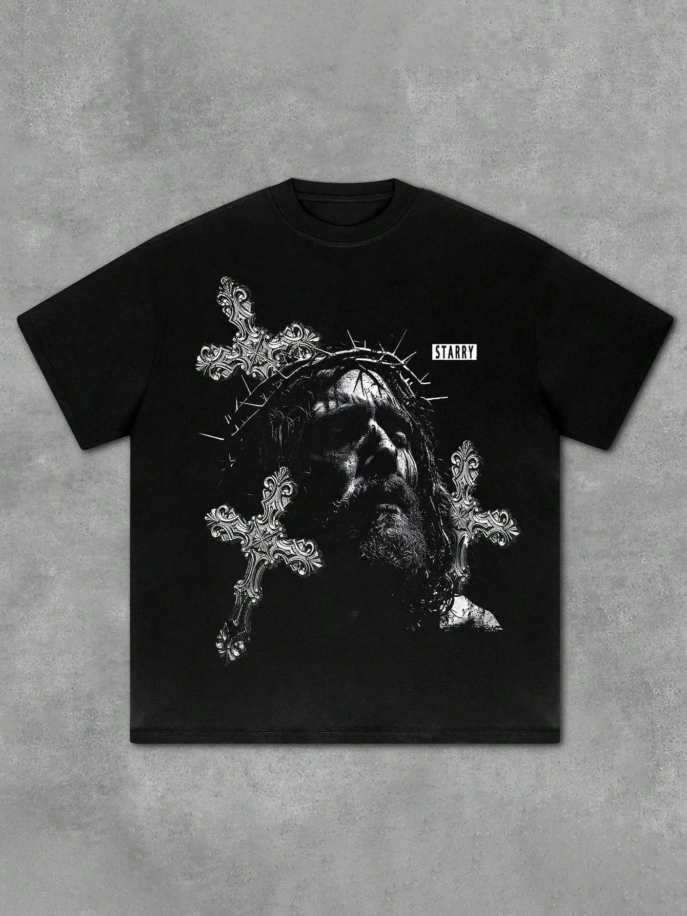 [Graphic T-Shirt] 100% Cotton Unisex Jesus Crown of Thorns & Cross Print T-Shirt | 1pc Oversized Black/White Graphic Streetwear,