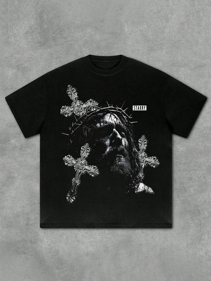 [Graphic T-Shirt] 100% Cotton Unisex Jesus Crown of Thorns & Cross Print T-Shirt | 1pc Oversized Black/White Graphic Streetwear,