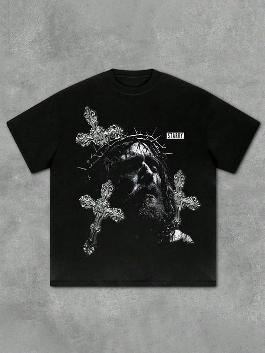 [Graphic T-Shirt] 100% Cotton Unisex Jesus Crown of Thorns & Cross Print T-Shirt | 1pc Oversized Black/White Graphic Streetwear,