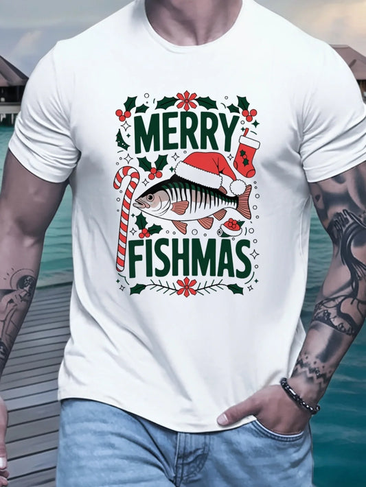 [Merry Fishmas Casual Crew Tee] Men'S Christmas Merry Fishmas Graphic T-Shirt, Casual Crew Neck Polyester Tee