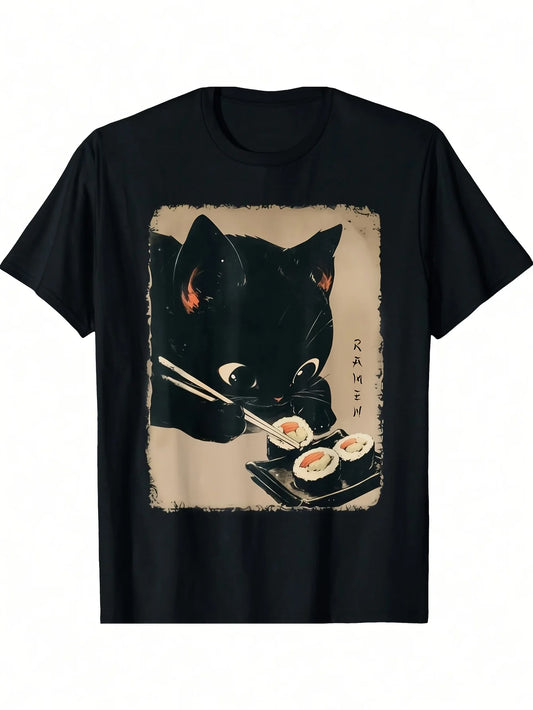 Cute Anime-style T-shirt with a Cat Eating Sushi a Cute Cat Girl Design Ideal as a Gift for Men