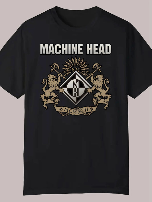 Men'S Casual "Machine Head" Graphic T-Shirt - Black Polyester, Round Neck, Summer Tee with Lion & Star Design
