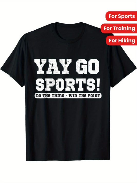 1pc Yay Go Sports! Motivational T-Shirt, 100% Cotton Crew Neck, Slight Stretch, Casual Striped Tee for Adults