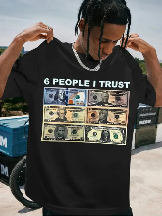 Men's "6 People I Trust" Graphic Cotton T-Shirt - Casual Round Neck Short Sleeve, 100% Cotton Knit Fabric