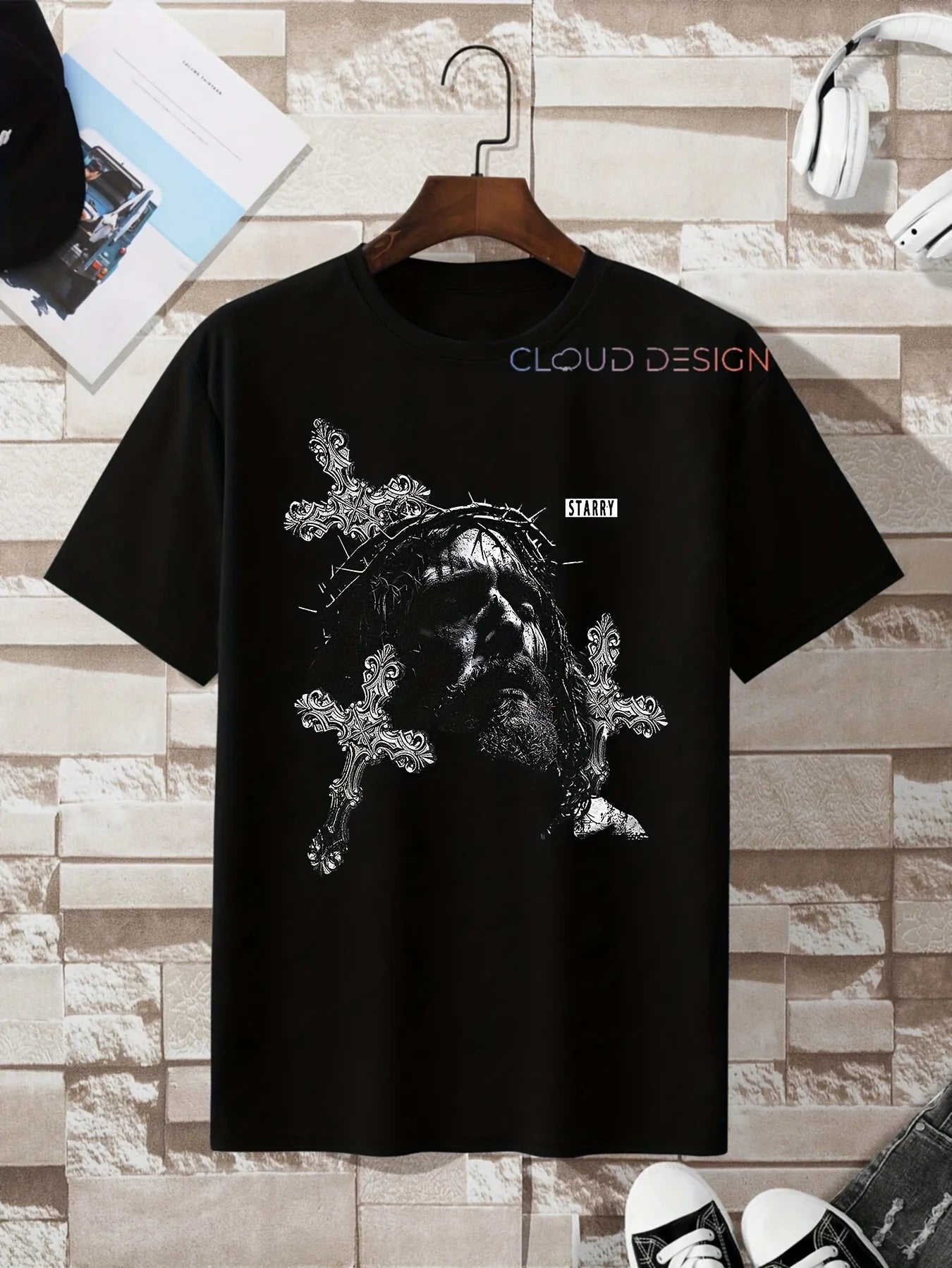 [Graphic T-Shirt] 100% Cotton Unisex Jesus Crown of Thorns & Cross Print T-Shirt | 1pc Oversized Black/White Graphic Streetwear,