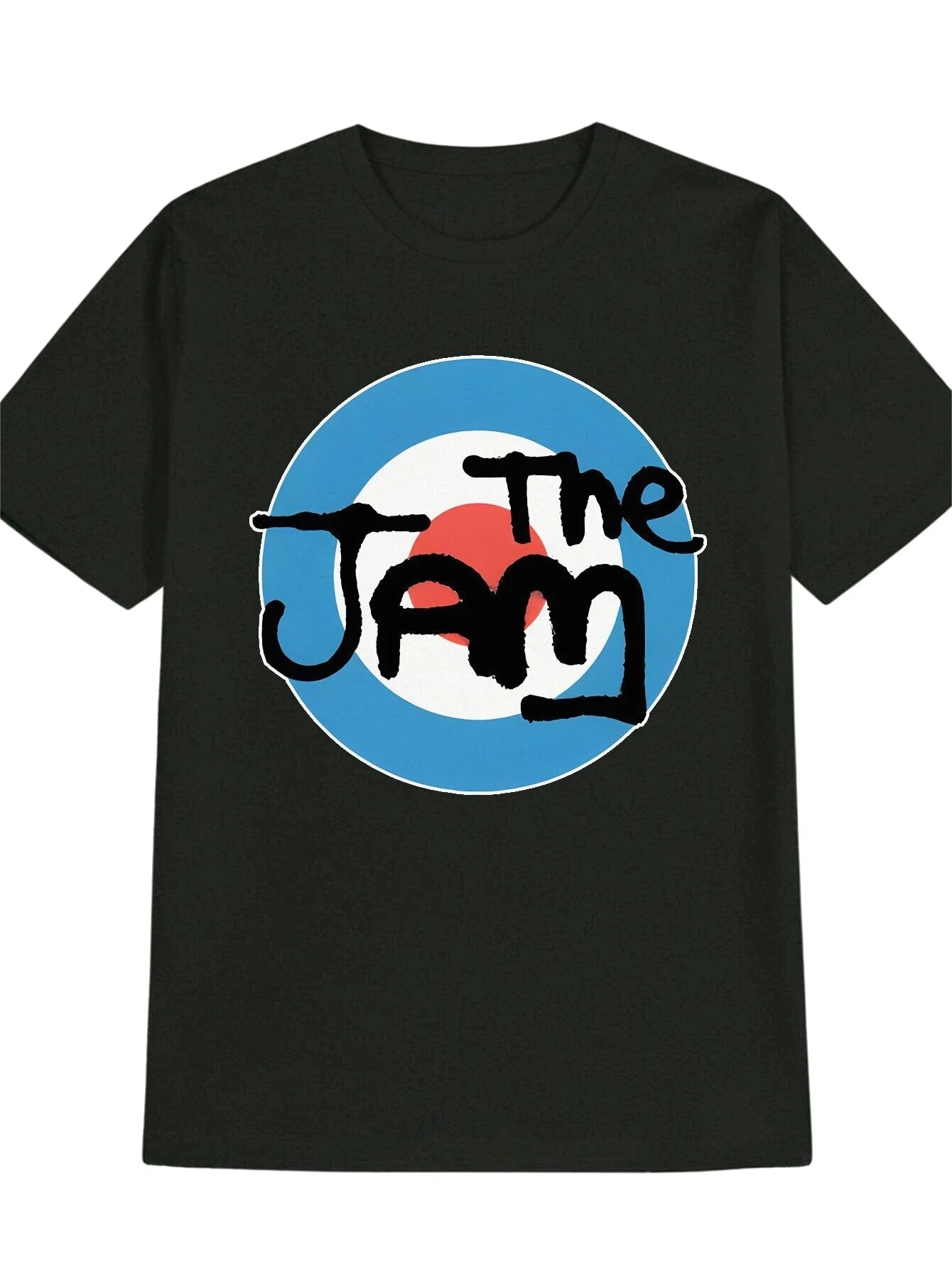 [Retro T-Shirt] Black Polyester Men's Casual Round Neck T-Shirt | Bold "THE JAM" Graphic Print,