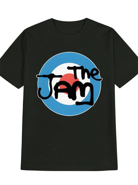 [Retro T-Shirt] Black Polyester Men's Casual Round Neck T-Shirt | Bold "THE JAM" Graphic Print,