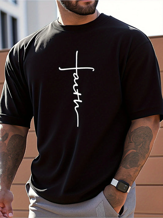 Men's Faith Cross Print Short Sleeve T-Shirt - 100% Cotton Loose Fit Casual Streetwear, Breathable Summer Essential for Daily